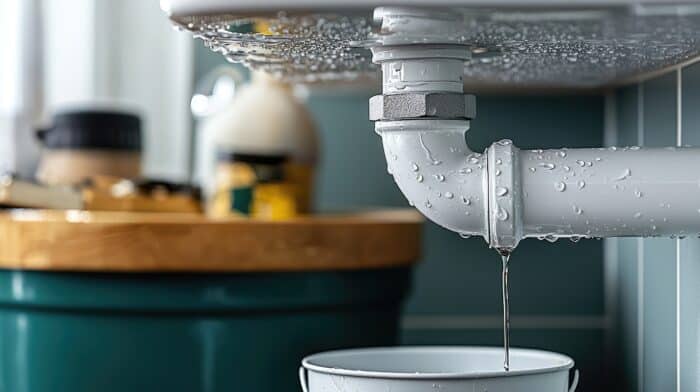 A white PVC pipe under a sink is leaking water into a white bucket placed below it. The pipe and surrounding area have visible water droplets.
